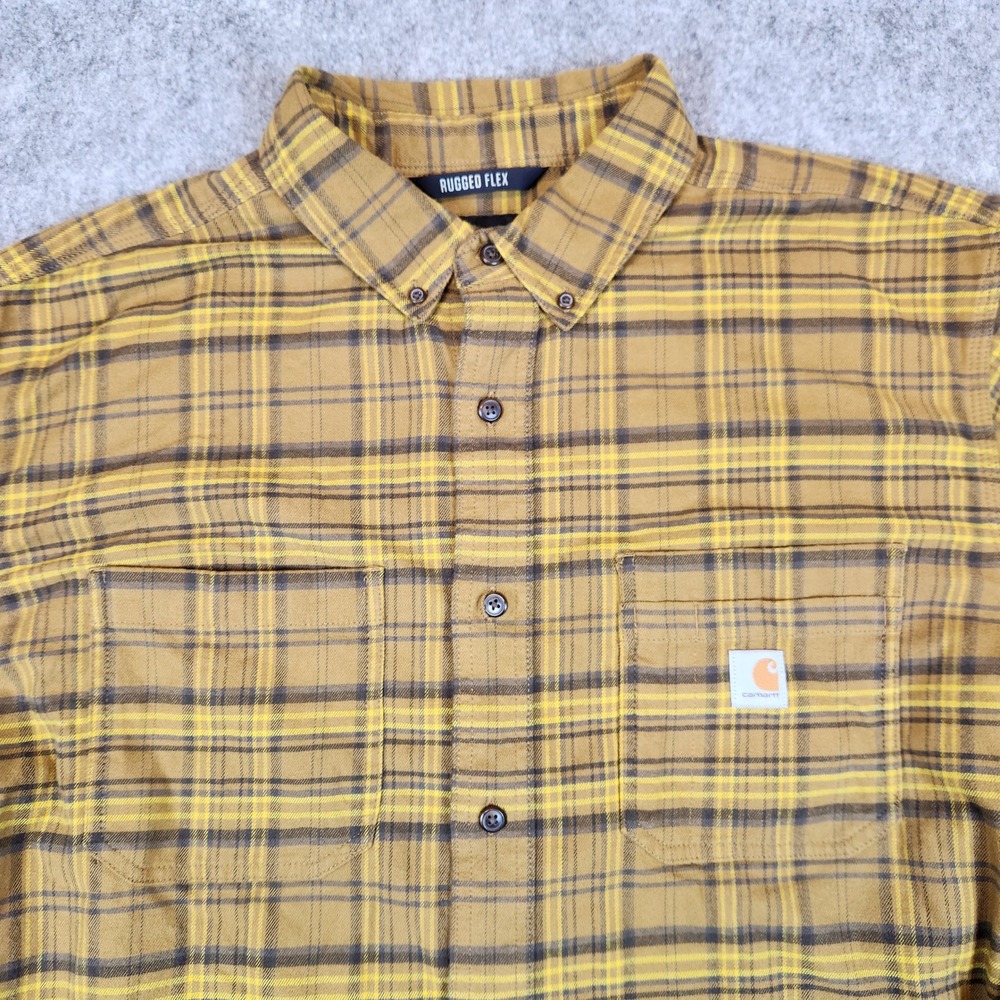 Carhartt Rugged Flex‎ Shirt Men XL Yellow Flannel Plaid Relaxed Fit Workwear - Picture 3 of 9